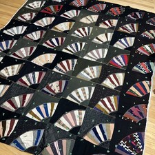 Antique Crazy Quilt Fan Pattern 71x64 Hand Stitched Tied Early 1900s Textile VTG