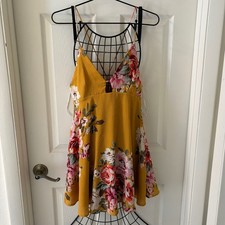 Lulus Womens S Mustard Floral Halter Fit Flare Dress Open Back USA Made Strappy