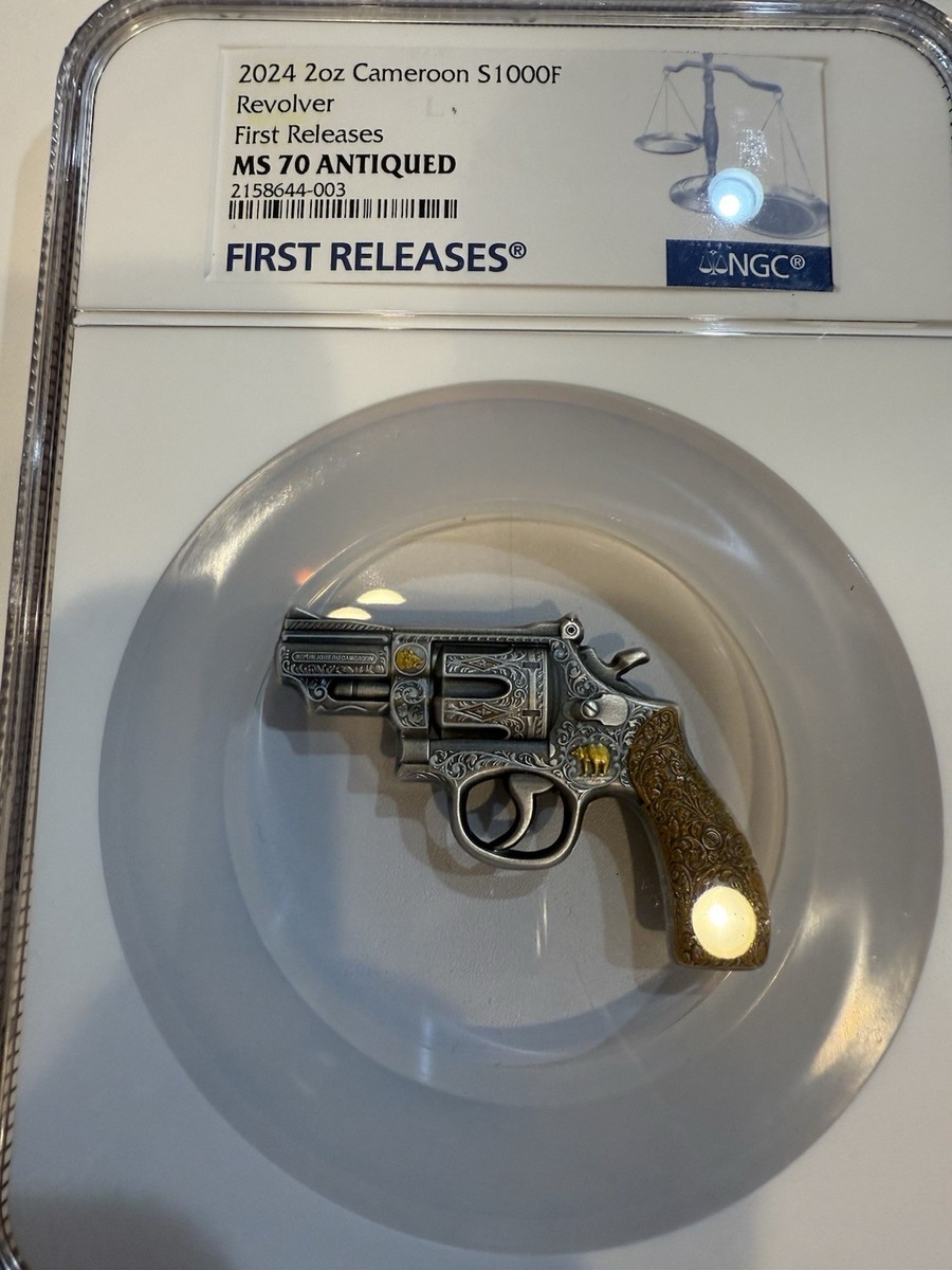 NGC MS70 2オンス 銀貨 2024 カメルーン リボルバー コイン 2 Oz Silver Coin 2024 Cameroon Revolver NGC MS 70 Antiqued