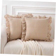 2 Pack Taupe White Plaid Ruffle Gingham 18" x 18" Pack of 2 Taupe/White Plaid