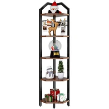 5-Tier Corner Shelf, Freestanding Corner Bookshelf, Plant Stand, Industrial B...