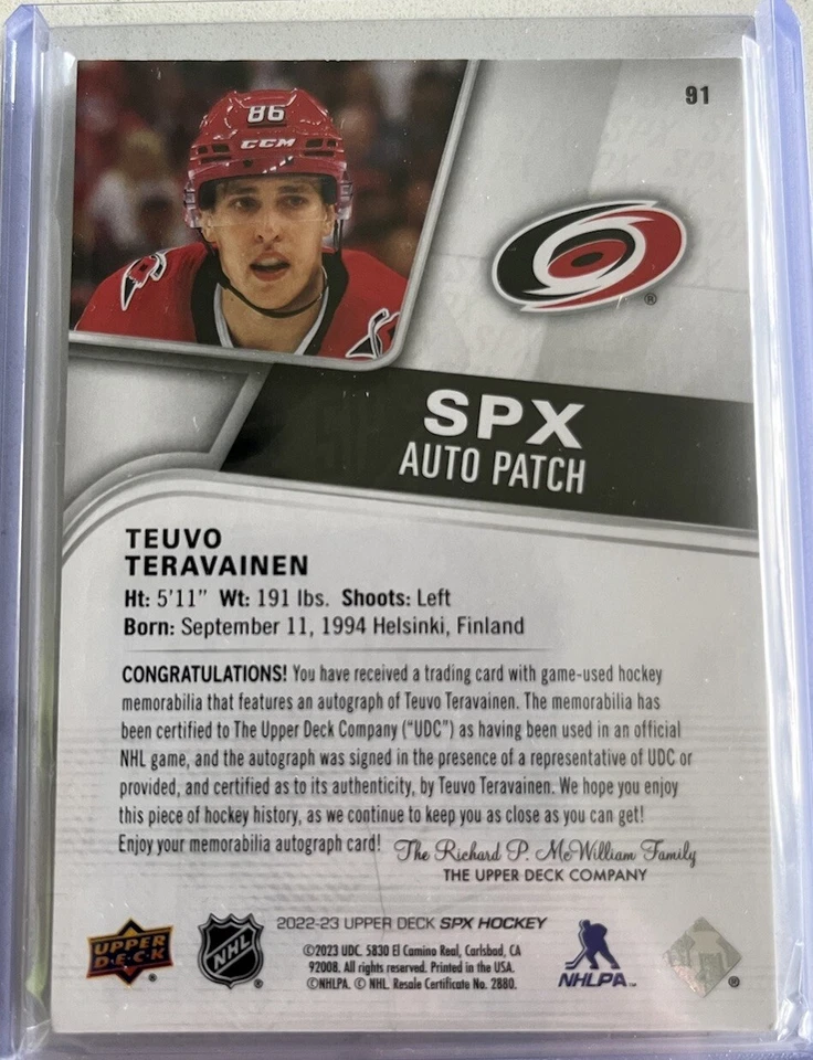 Teuvo Teravainen 2022-23 Upper Deck SPx Auto Patch 19/25 - Three Color Patch - Image 2 of 2