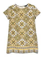 Lulus, Ivory, Yellow & Gold Geometric Print Back Zip Shift Dress, size XS