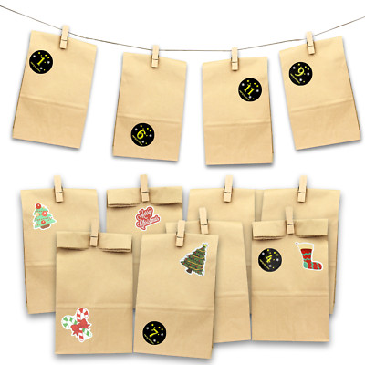 DIY-Adventskalender zum Befüllen, SET mit Papiertüten, Klammern, Stickern
