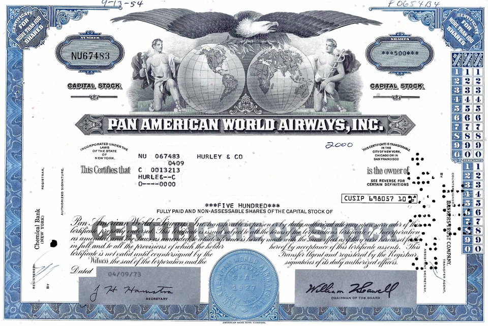 Pan American World Airways Inc.,  09. 04. 1973  - 500 Shares - Bild 1 von 1