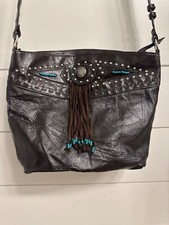 Studded Brown Leather Western Fringe Purse Handbag Turquoise Beads Cowgirl Rodeo