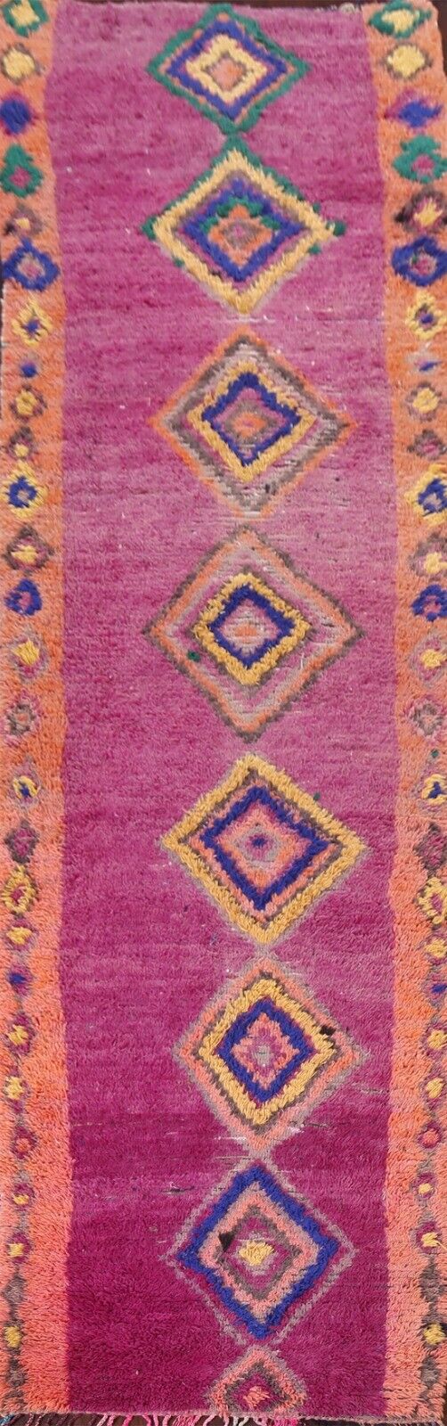 Vintage Moroccan Geometric Tribal Oriental Runner Rug Hand-knotted PURPLE 4'x13'