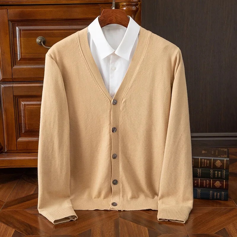 Mens Sweater Cardigan Business Casual Classic V-neck Solid Color