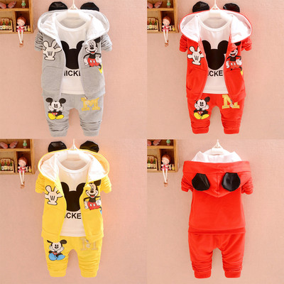 3pc Toddler baby boys Girls Mickey Outfit Hooded coat+T shirt+pants clothes set
