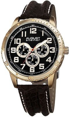 NEW August Steiner AS8116YG Men's Multifunction Gold Brown Leather Watch 46mm