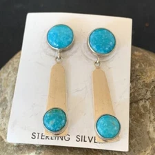 Kingman Turquoise Navajo Sterling Silver Dangle Earrings 2044