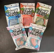 5 Bags- Sour Strips-2 Cotton Candy, 1 Blue Raspberry, 1 Strawberry, 1 Watermelon