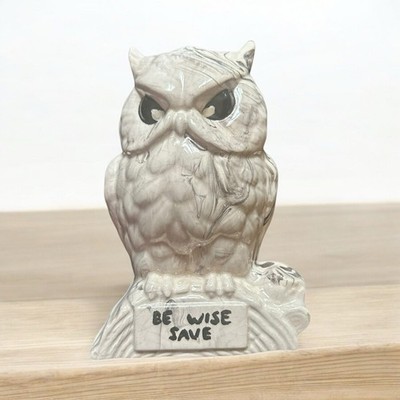 Vintage 70 s Ceramic Owl Coin Bank Be Wise Save Decorative White Grayish No Plug