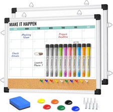 Monthly Calendar Whiteboard and Cork Board Combo for Wall, 17"x13" Reversible Ha