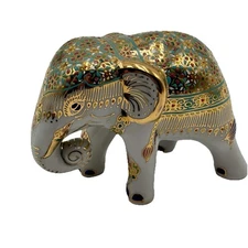 VTG Benjarong Porcelain 3” H Elephant Figurine Trunk Down Gold Accents Thai Art