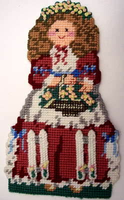 FINISHED GIRL GATHERING SPRING FLOWERS PLASTIC CANVAS NEEDLEPOINT 12'' H x 7'' W