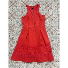 Express Coral Red Textured Lace Trim Front Zip Fit Flare Dress Womens Size 6