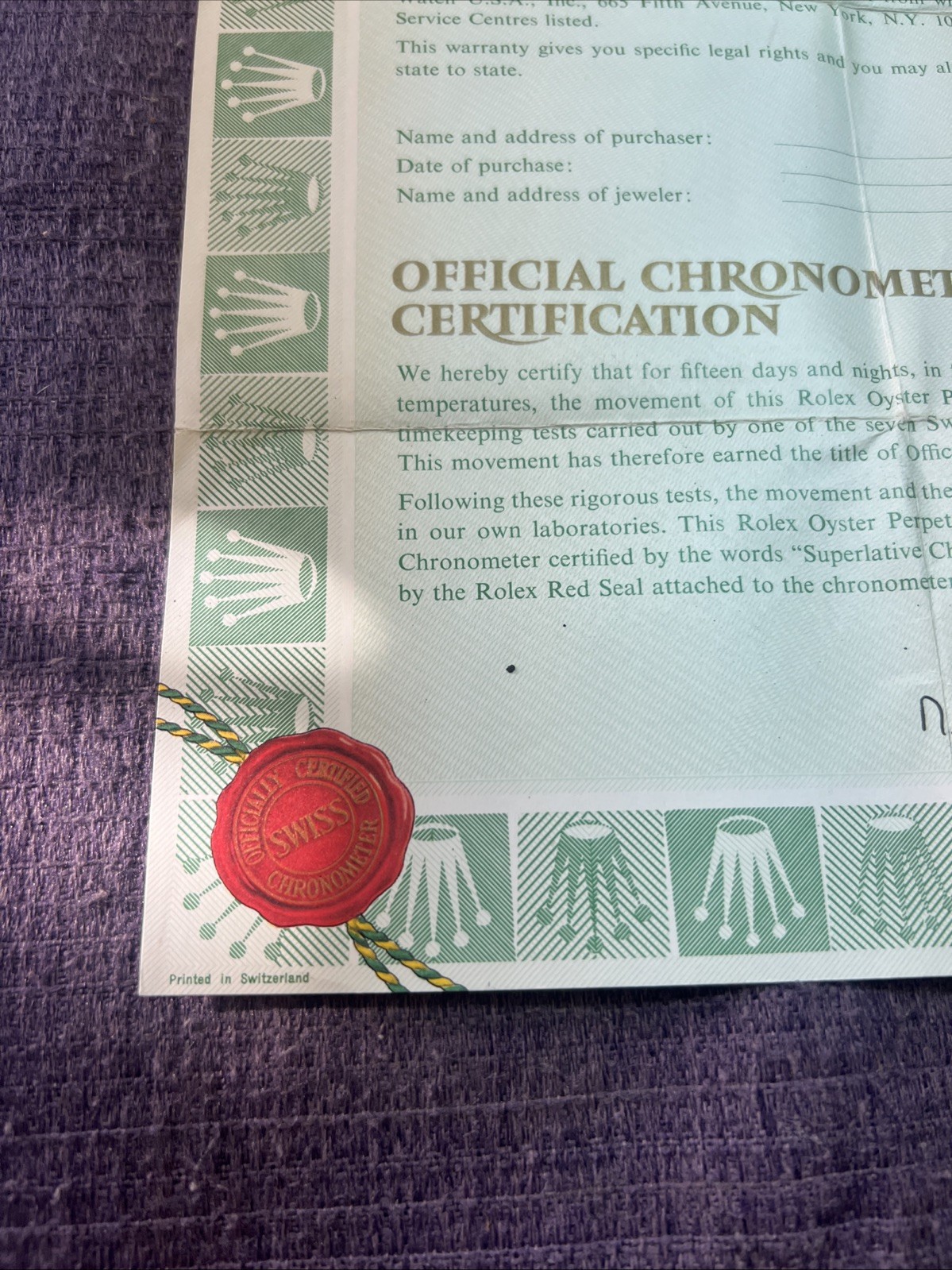 Rolex Certificate Guarantee Warranty Card 607xxx | Authenticity Document