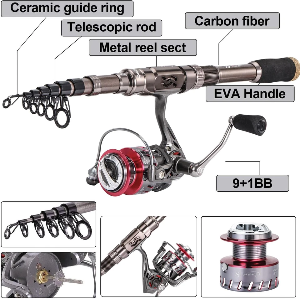 - Set Canna Da Pesca E Mulinello in Fibra Di Carbonio, Canna Da Pesca Telescopic - Immagine 4 di 4