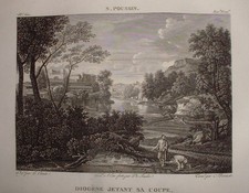 QSD 610 ETCHING 19TH CENTURY DIOGENE THROWING HIS CUP by N. Poussin (mythology)