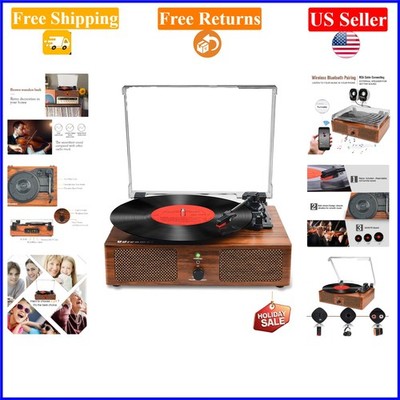 Vintage Brown Wireless Vinyl Record Player with Bluetooth, 3 Speed, Built-in ...