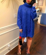 Lovely Women new Turtleneck Sequined Sweater Dress Blue Small