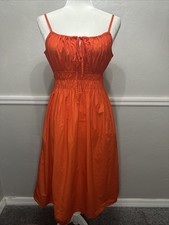 Quince 100% Organic Cotton Keyhole Midi Dress Orange Vermilion Red Pockets M