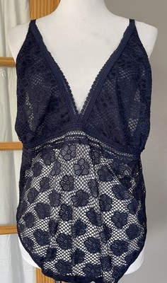 Aerie Full Floral Lace Lingerie Bodysuit Women s Sz L Navy Adjustable Strap Sexy