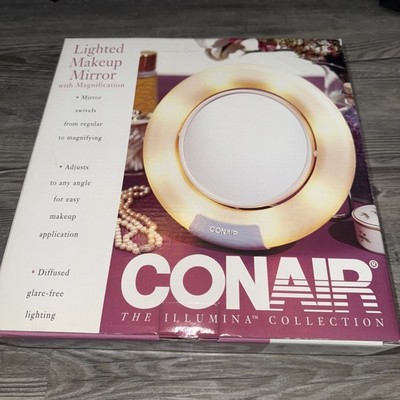 NEW Vtg Conair Lighted Makeup Mirror Round Two Sided 2000 Folds Stand