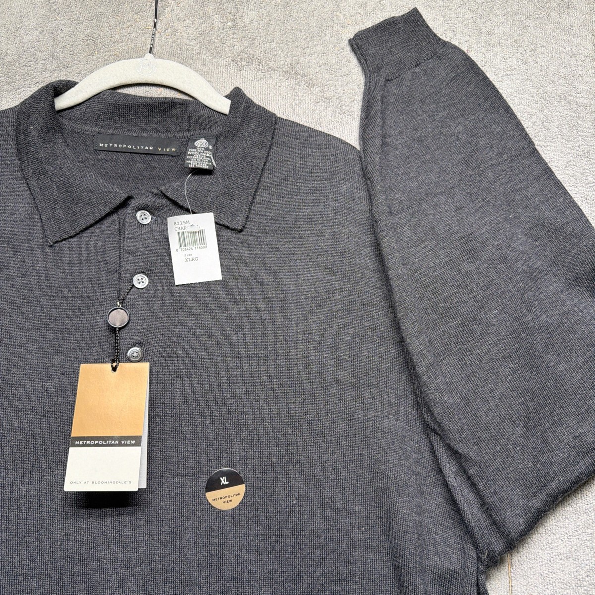 Merino Wool Polo Sweater Gray Long Sleeve Knit Mens XL