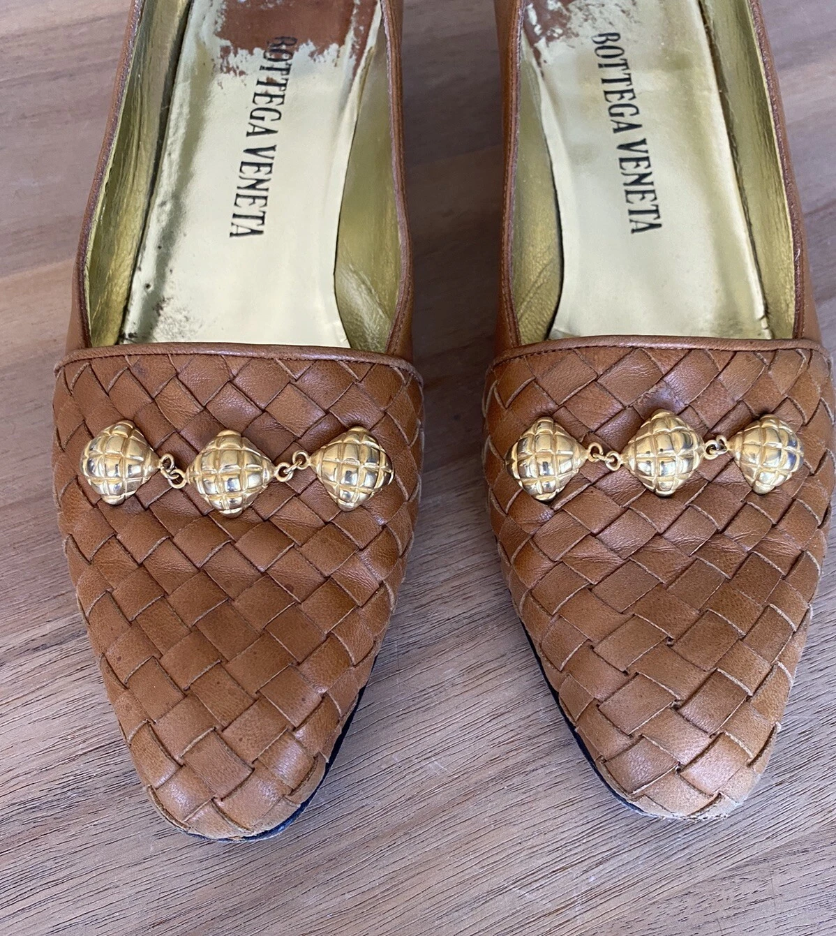 Bottega Veneta Mocassini in pelle taglia 6 5 accenti oro tessuto cammello vintage