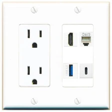HD PHONE USB-3 USBC Port Wall Plate w/Power Outlet White