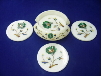 Weißer Marmor Untersetzer Set Inlay Semi Precious Steine Handwerk Dekor