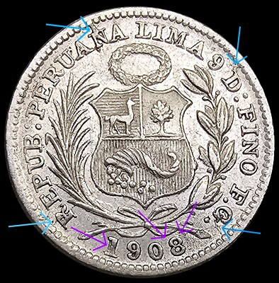 1908/7 PERU 1/2 Dinero Key Date Die Crack Error .900 Silver Coin KM-203 PM0741