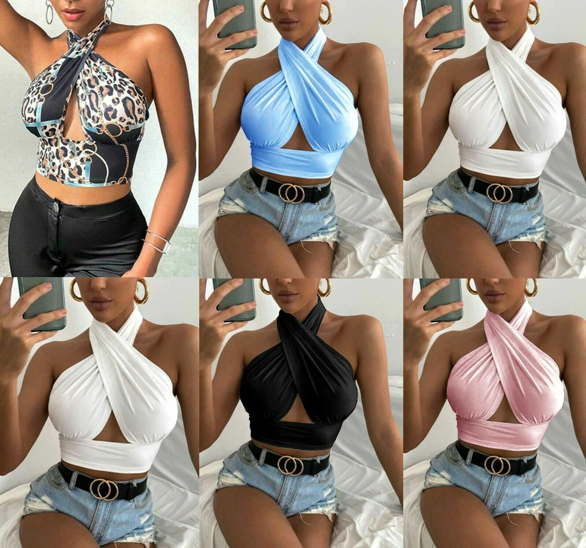 Womens Sleeveless Slinky Cross Front Wrap Over Halter Neck Boob Tube  Cropped Top