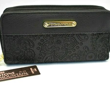 Stone Mountain Black Leather Paisley Zip Around Wallet & Checkbook NEW