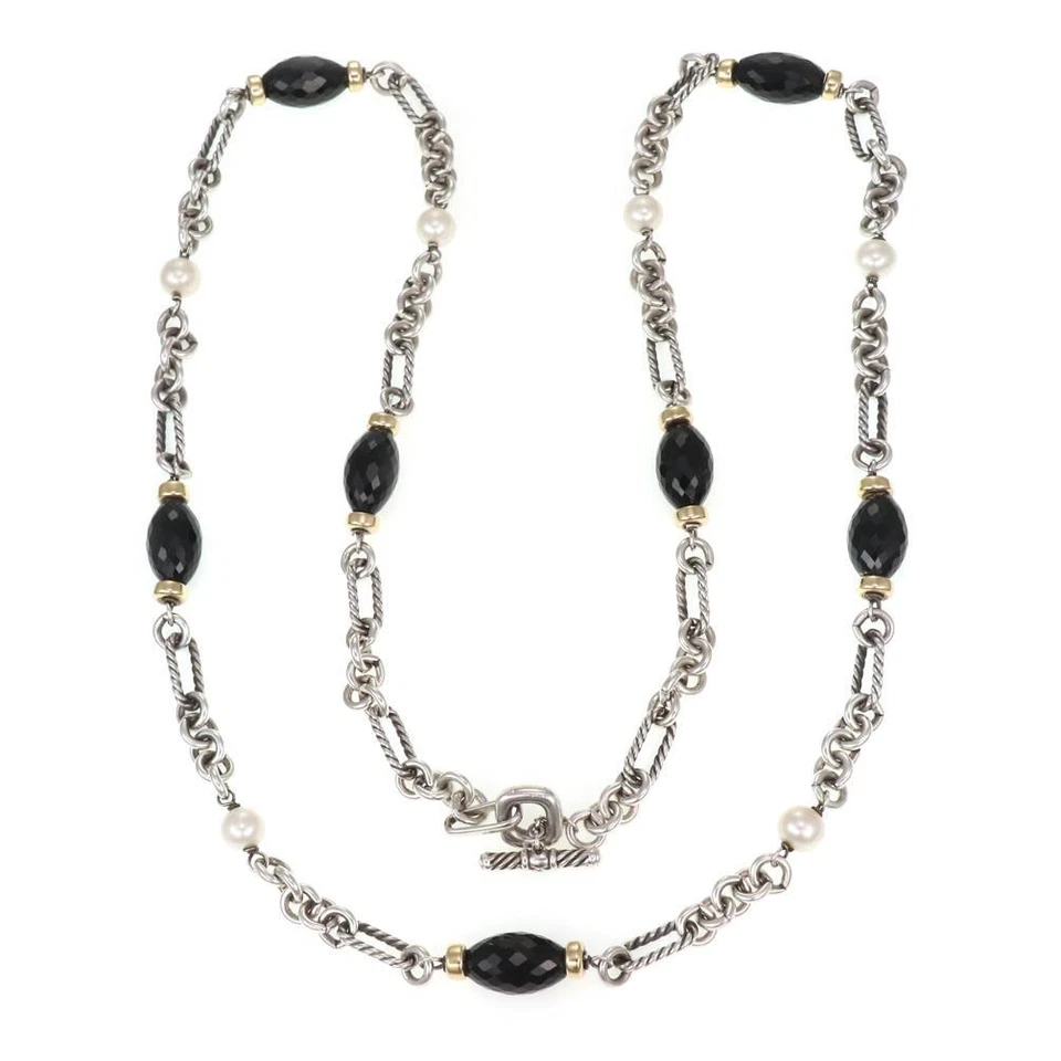David Yurman Onyx 项链 珍珠 纯银 18k 金 切换扣 36L — 第 3/4 张图片