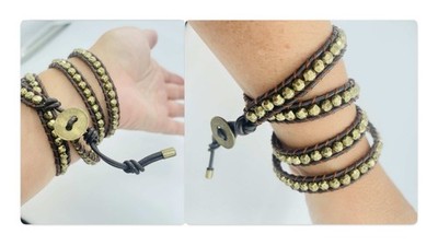 Western Gothic Brown Vegan Leather Wrap Bracelet Burnished Metallic 5-Wrap EUC