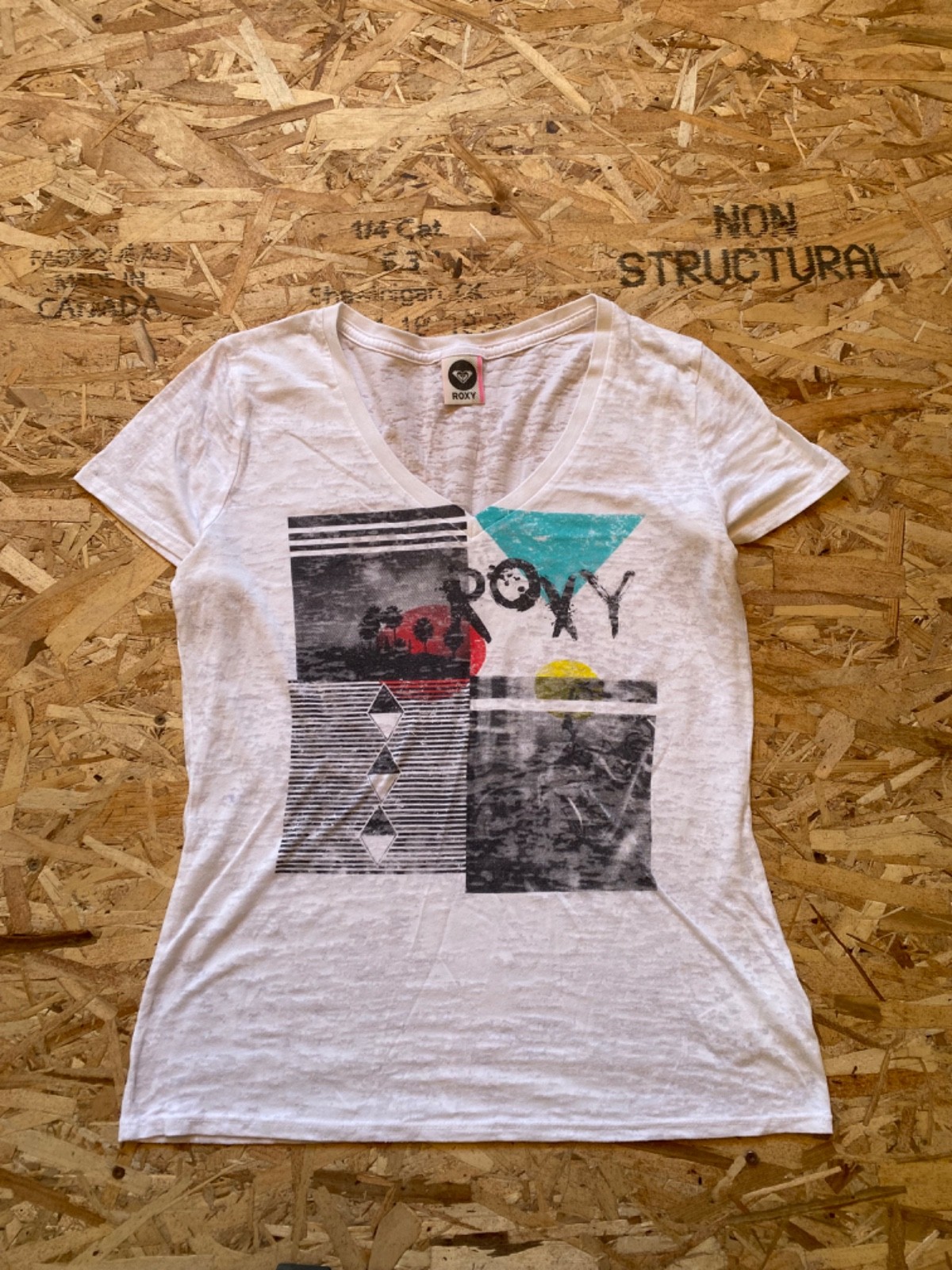 White Transparent Roxy V-Neck Multicolored Graphi… - image 1