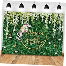 Happy Birthday Backdrop Green Grass and Flowers Wreath Photography 7x5ft