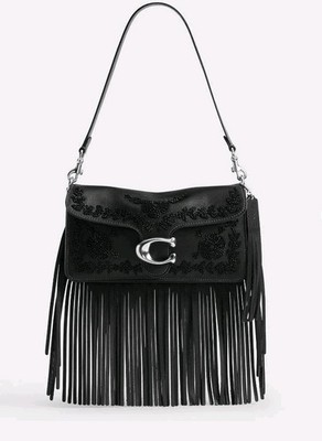 Coach Tabby Shoulder Bag 26 With Beading And Fringe BLACK tea rose
