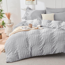 Light Grey Duvet Cover Queen Size, Ultra Soft 3-Piece Seersucker Duvet Cover Set
