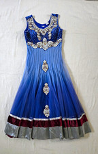 Polak Expo Women's Blue Velvet Embellished Kurta Set w/ Dupatta, Size M