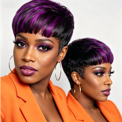 1B Purple Short Pixie Cut Wigs With Bangs None Lace Human Hair Wigs For Women
