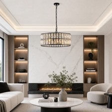 18 inch Black Round Crystal Chandelier Modern 6 Light Pendant Kitchen Fixture