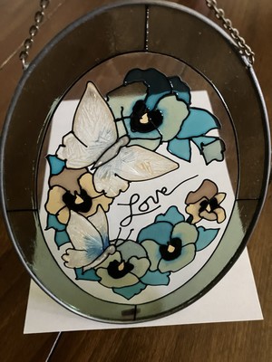 AMIA Hanging Stained Glass Sun Catcher LOVE BUTTERFLIES AND BLUE FLOWERS