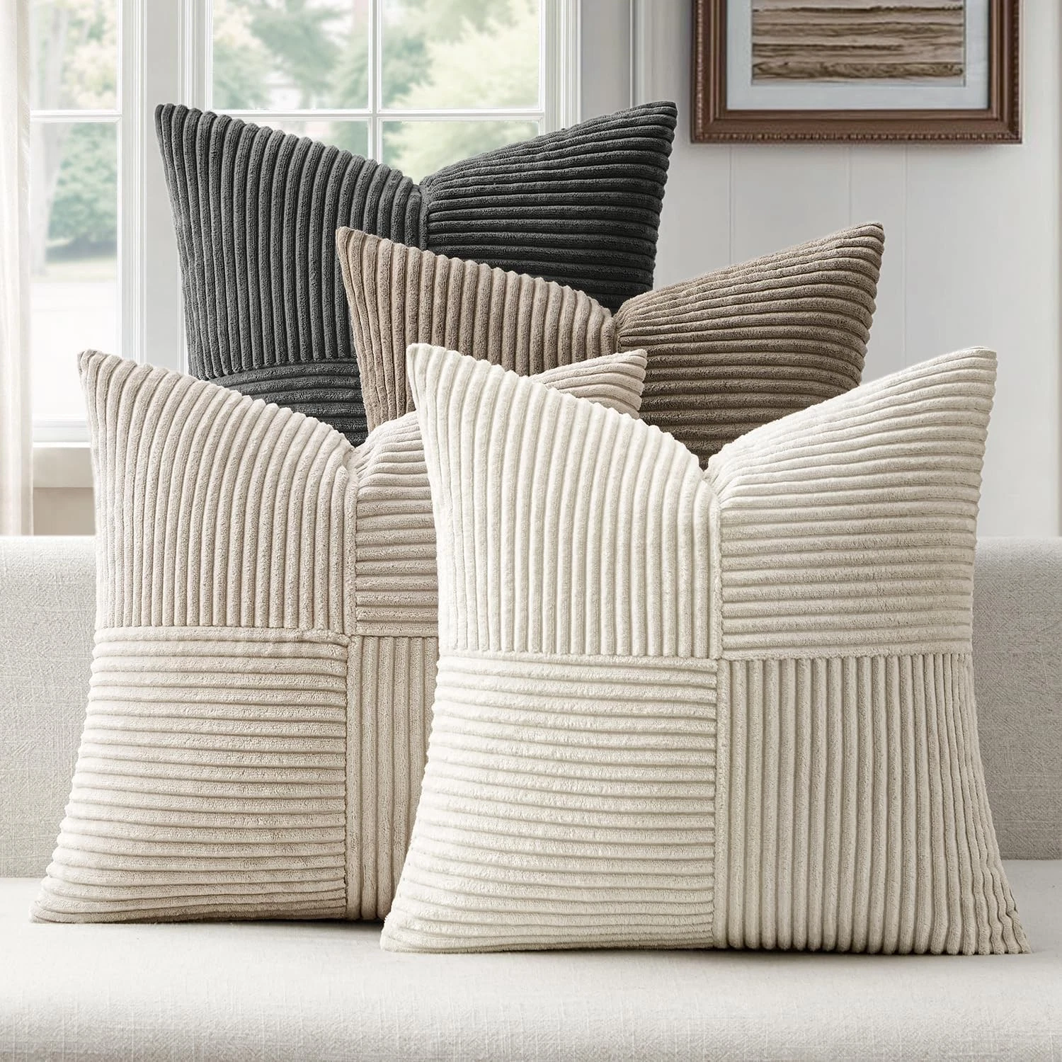 Pack of 4 Decorative Throw Pillows for Couch Neutral Gray 18x18 Inch Boho Coz...
Opens in a new wind