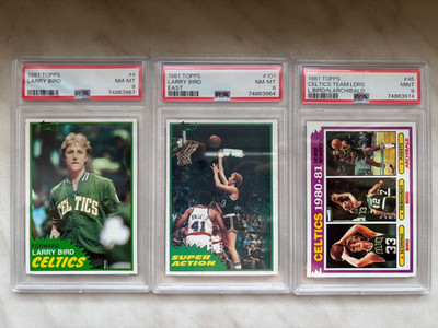 NBA 1981 Topps Larry Bird Card Lot, PSA 8, PSA 9, Basketball, Celtics, Archibald