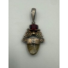 Sajen Sterling Silver 925 Rutilated Quartz Garnet Scrollwork Pendant Bali Style