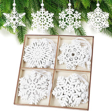 White Wooden Snowflake Ornaments   16PCS, 3" Hanging Christmas Craft Decorations